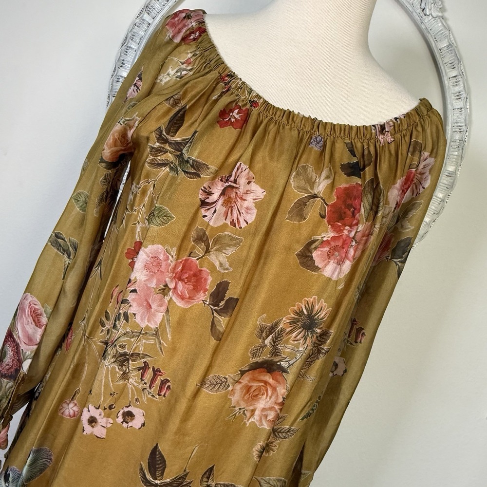 Belle France Bordeaux Silk Blouse Flowy Boho Floral Gold Peasant S Made In Italy